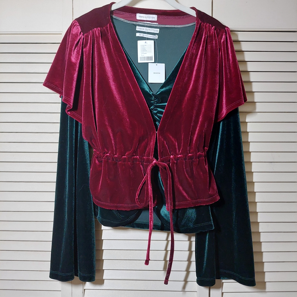 Urban Outfitters Goldie Marie Velvet 2 Tops Ruched Cinched Green Red Blouses 90s